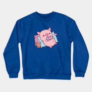 Cute Piggy Gamer Chilling With Video Games And Bubble Tea Crewneck Sweatshirt